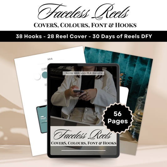 Faceless Reels - 38 Hooks - 28 Reel Cover - 30 Days of Reels DFY - 6 Colour & Font pairing | MRR + PLR rights