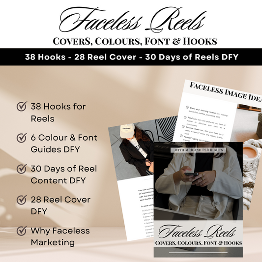Faceless Reels - 38 Hooks - 28 Reel Cover - 30 Days of Reels DFY - 6 Colour & Font pairing | MRR + PLR rights