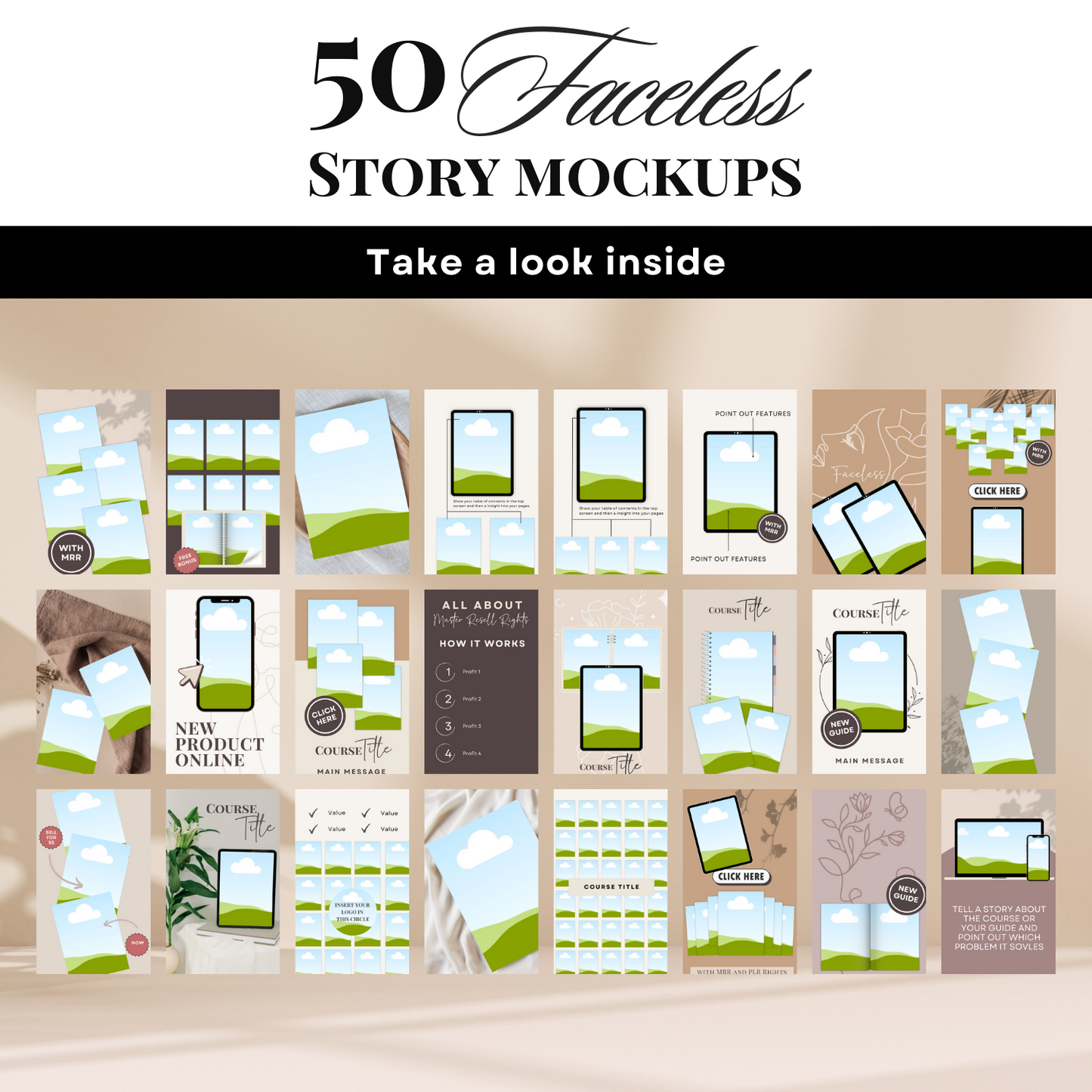 50 gesichtslose Story-MockUps | MRR + PLR-Rechte